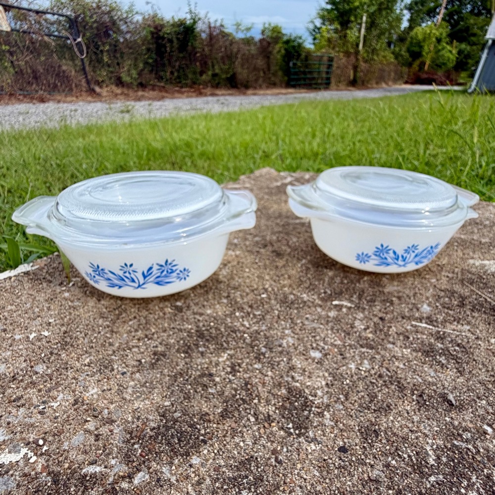Vintage Fire-King Blue Cornflower 12oz Milk Glass Dishes with Lids Set 2